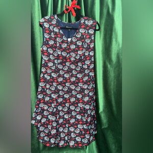 Brooks Brothers Navy Floral Midi Dress with Red and Light Blue Flowers